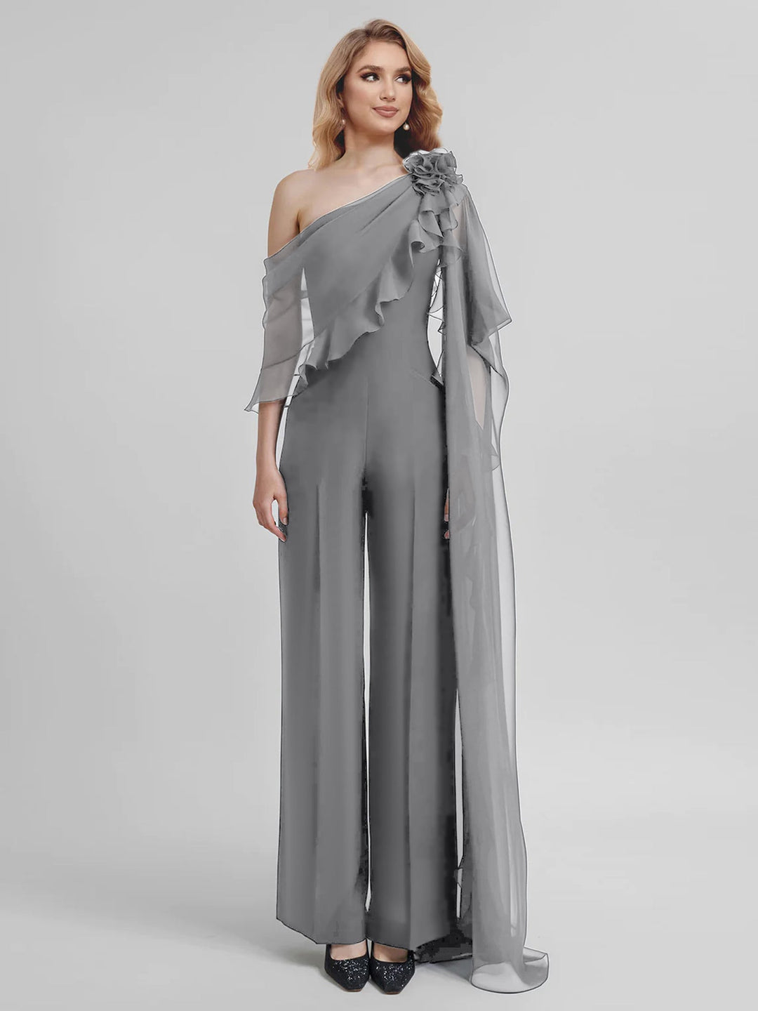 Combinaisons Une Épaule Demi-Manches Mousseline Mère de la Mariée Pantalons