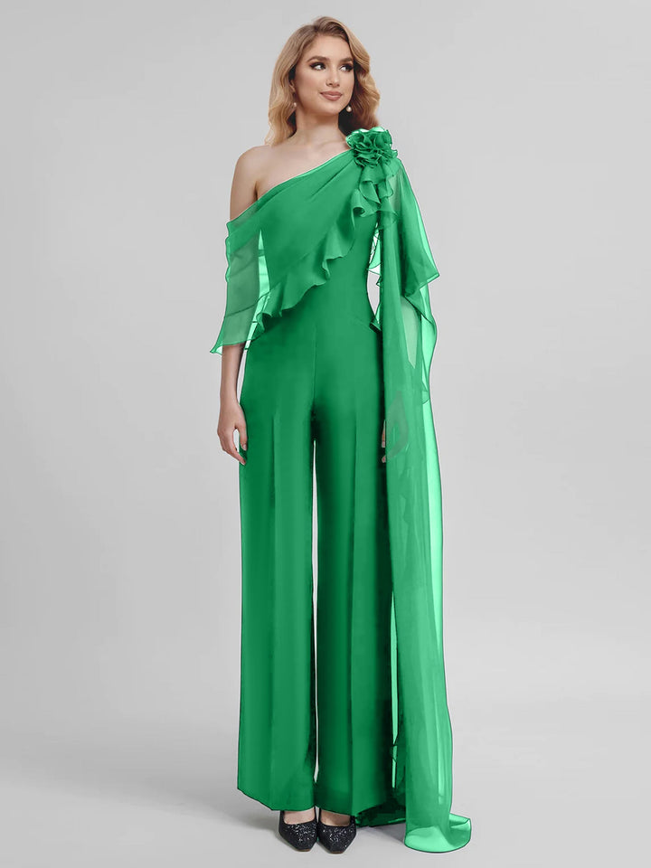 Combinaisons Une Épaule Demi-Manches Mousseline Mère de la Mariée Pantalons
