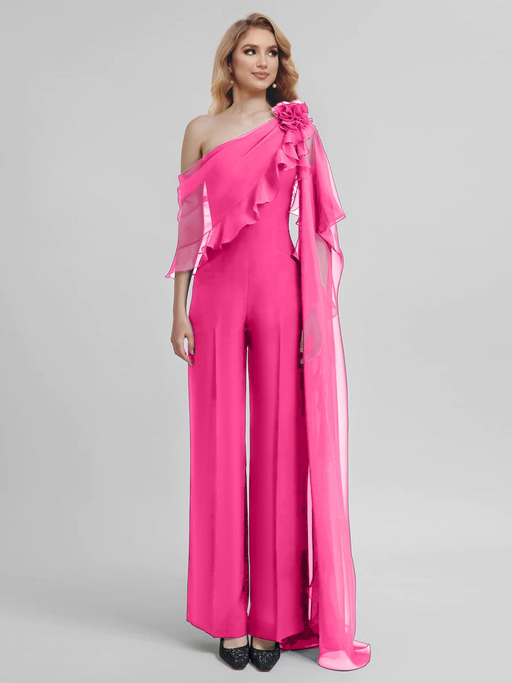 Combinaisons Une Épaule Demi-Manches Mousseline Mère de la Mariée Pantalons