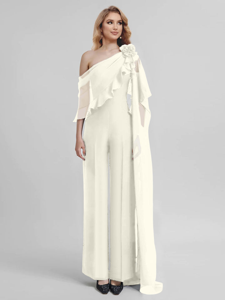 Combinaisons Une Épaule Demi-Manches Mousseline Mère de la Mariée Pantalons