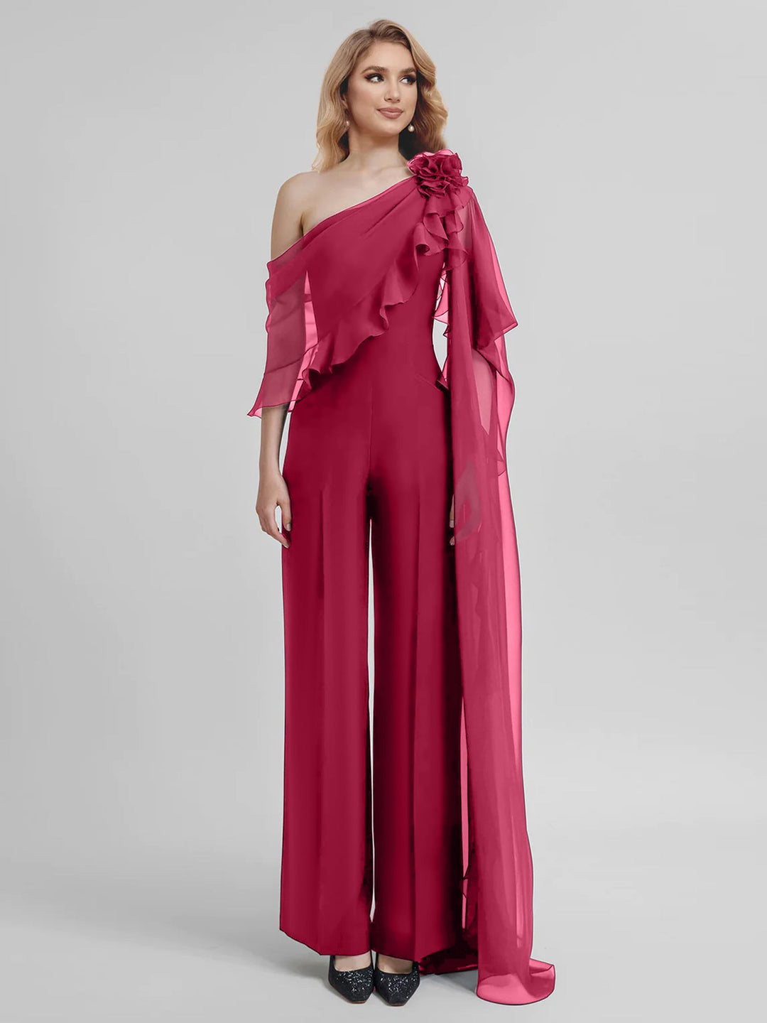 Combinaisons Une Épaule Demi-Manches Mousseline Mère de la Mariée Pantalons