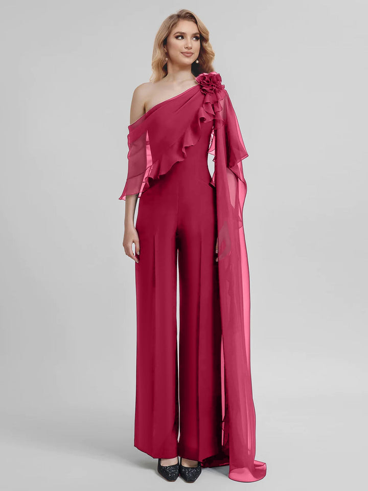 Combinaisons Une Épaule Demi-Manches Mousseline Mère de la Mariée Pantalons
