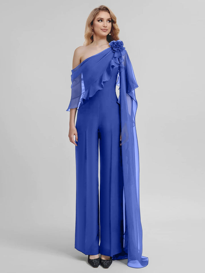 Combinaisons Une Épaule Demi-Manches Mousseline Mère de la Mariée Pantalons