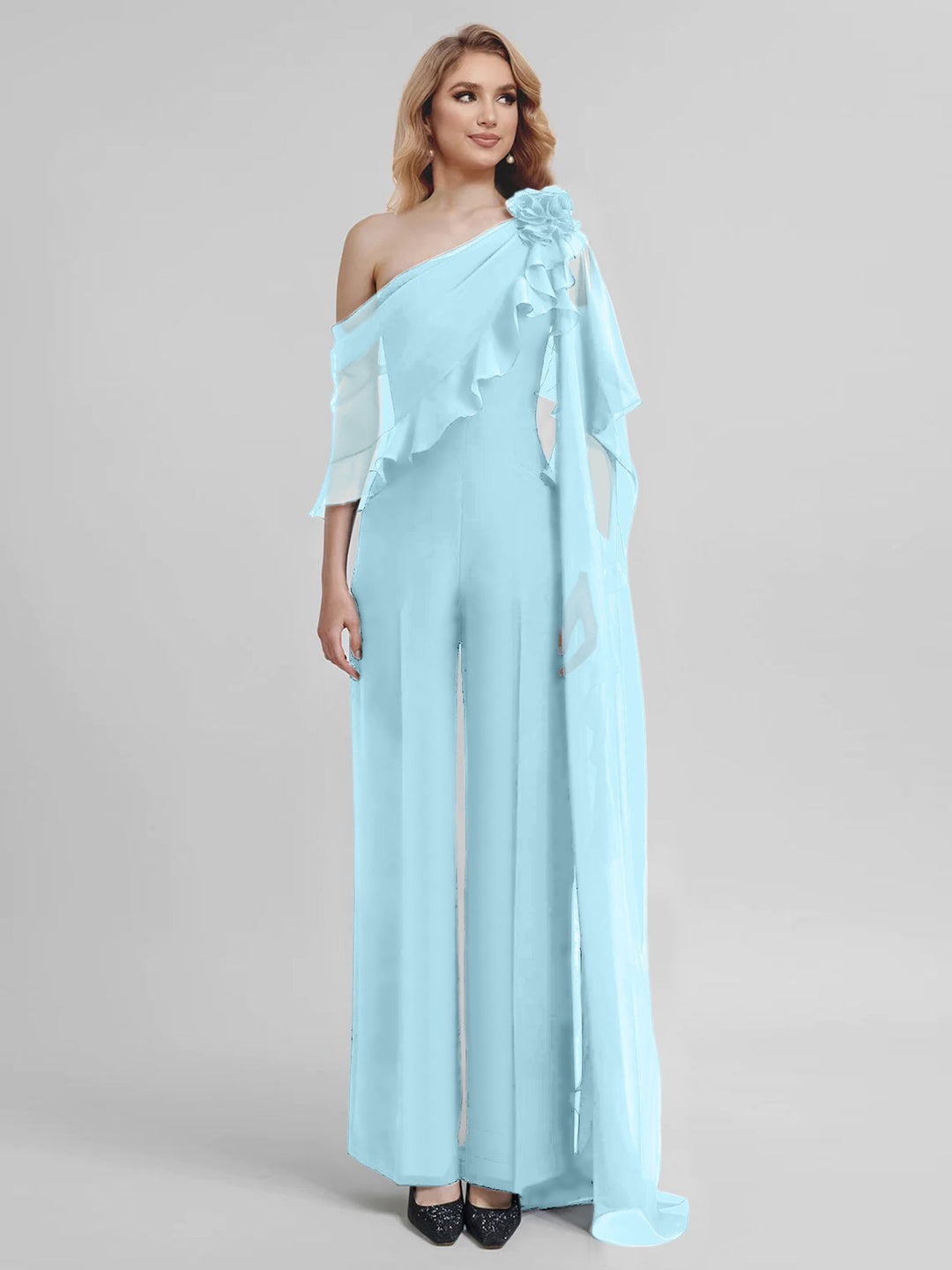 Combinaisons Une Épaule Demi-Manches Mousseline Mère de la Mariée Pantalons