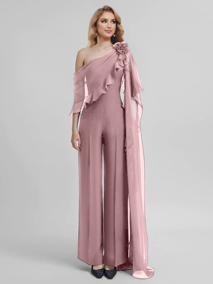Combinaisons Une Épaule Demi-Manches Mousseline Mère de la Mariée Pantalons