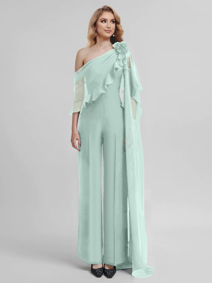 Combinaisons Une Épaule Demi-Manches Mousseline Mère de la Mariée Pantalons