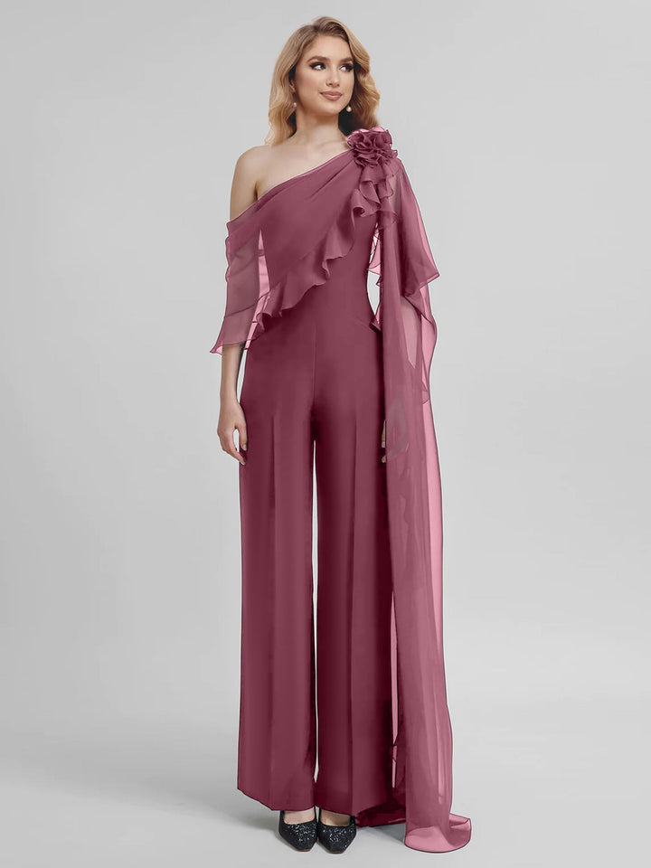 Combinaisons Une Épaule Demi-Manches Mousseline Mère de la Mariée Pantalons