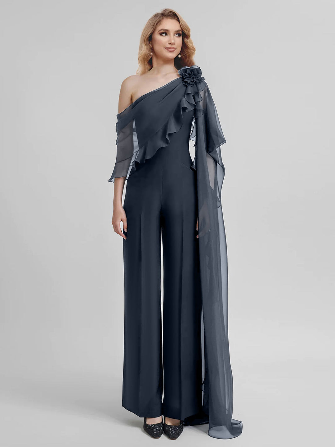 Combinaisons Une Épaule Demi-Manches Mousseline Mère de la Mariée Pantalons