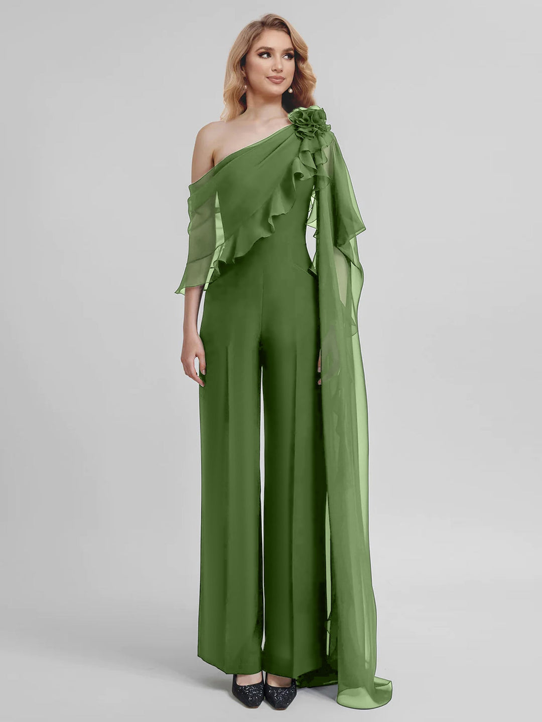 Combinaisons Une Épaule Demi-Manches Mousseline Mère de la Mariée Pantalons