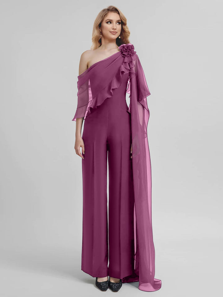 Combinaisons Une Épaule Demi-Manches Mousseline Mère de la Mariée Pantalons