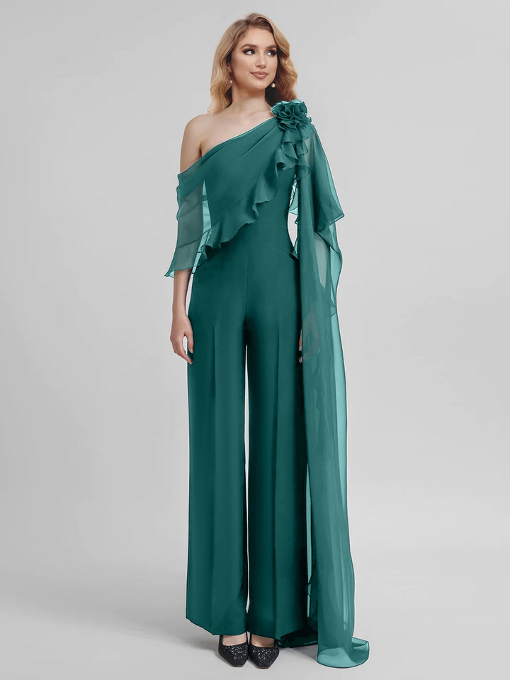 Combinaisons Une Épaule Demi-Manches Mousseline Mère de la Mariée Pantalons