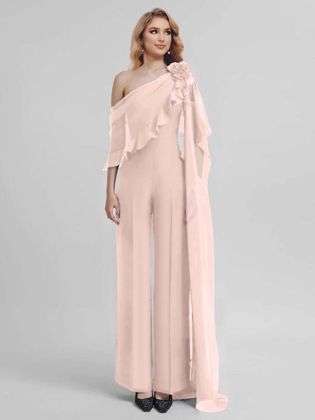 Combinaisons Une Épaule Demi-Manches Mousseline Mère de la Mariée Pantalons