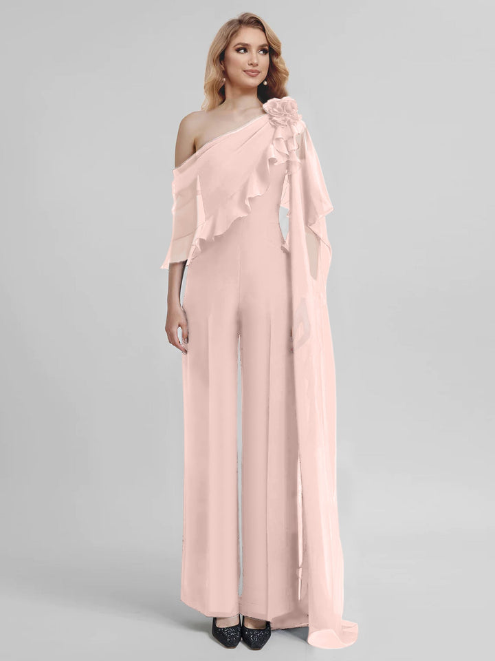 Combinaisons Une Épaule Demi-Manches Mousseline Mère de la Mariée Pantalons