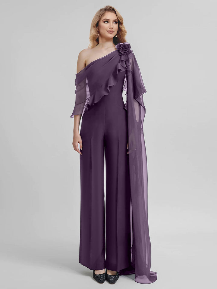 Combinaisons Une Épaule Demi-Manches Mousseline Mère de la Mariée Pantalons