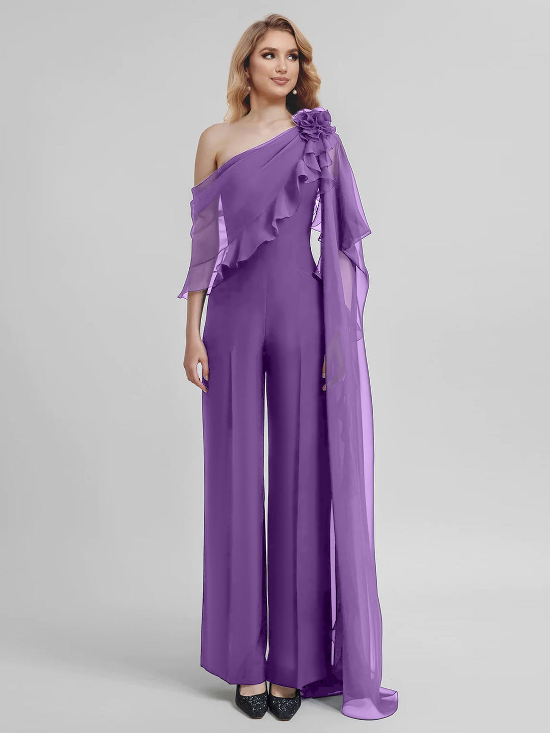 Combinaisons Une Épaule Demi-Manches Mousseline Mère de la Mariée Pantalons