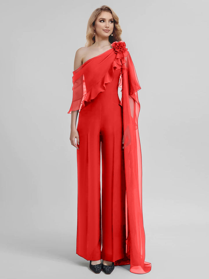 Combinaisons Une Épaule Demi-Manches Mousseline Mère de la Mariée Pantalons
