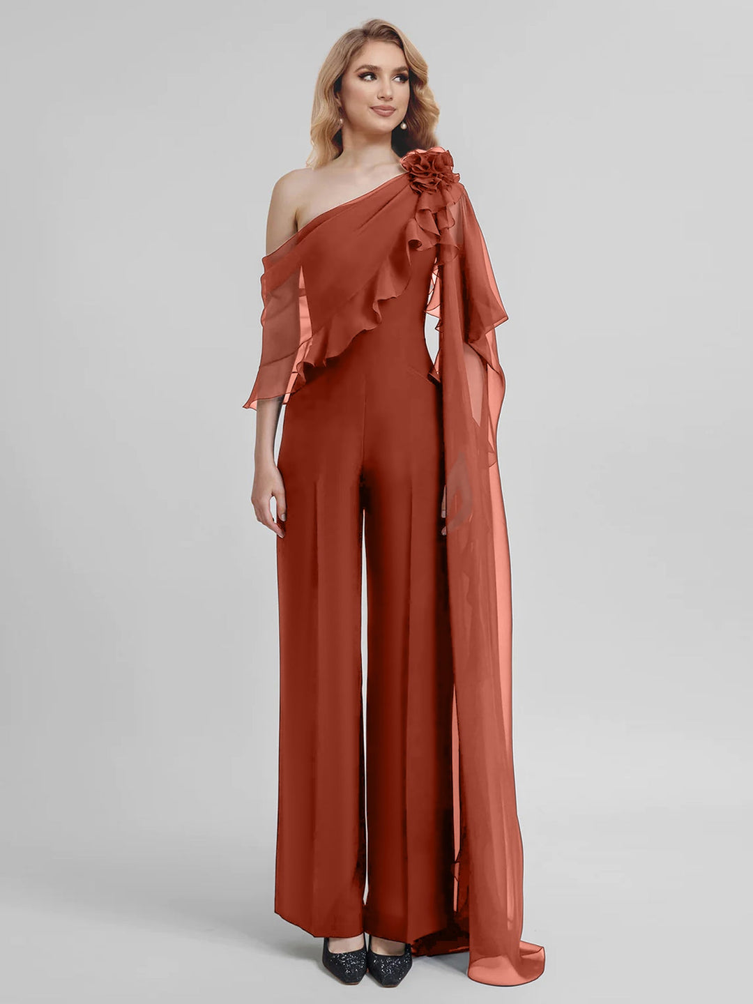 Combinaisons Une Épaule Demi-Manches Mousseline Mère de la Mariée Pantalons