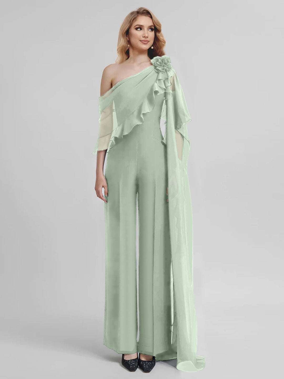 Combinaisons Une Épaule Demi-Manches Mousseline Mère de la Mariée Pantalons