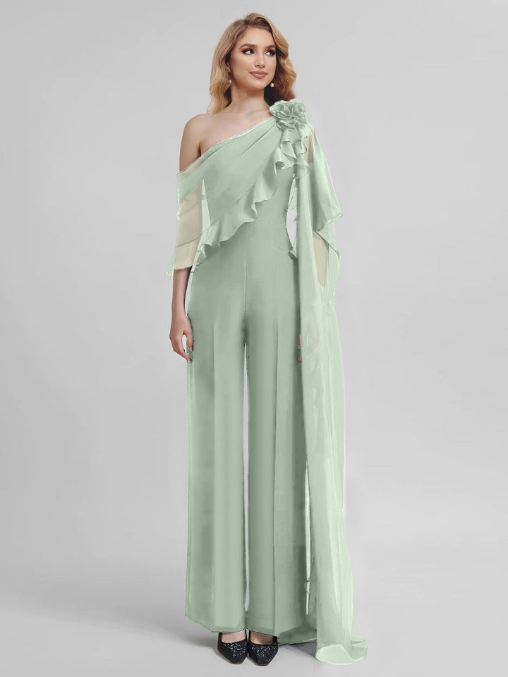 Combinaisons Une Épaule Demi-Manches Mousseline Mère de la Mariée Pantalons