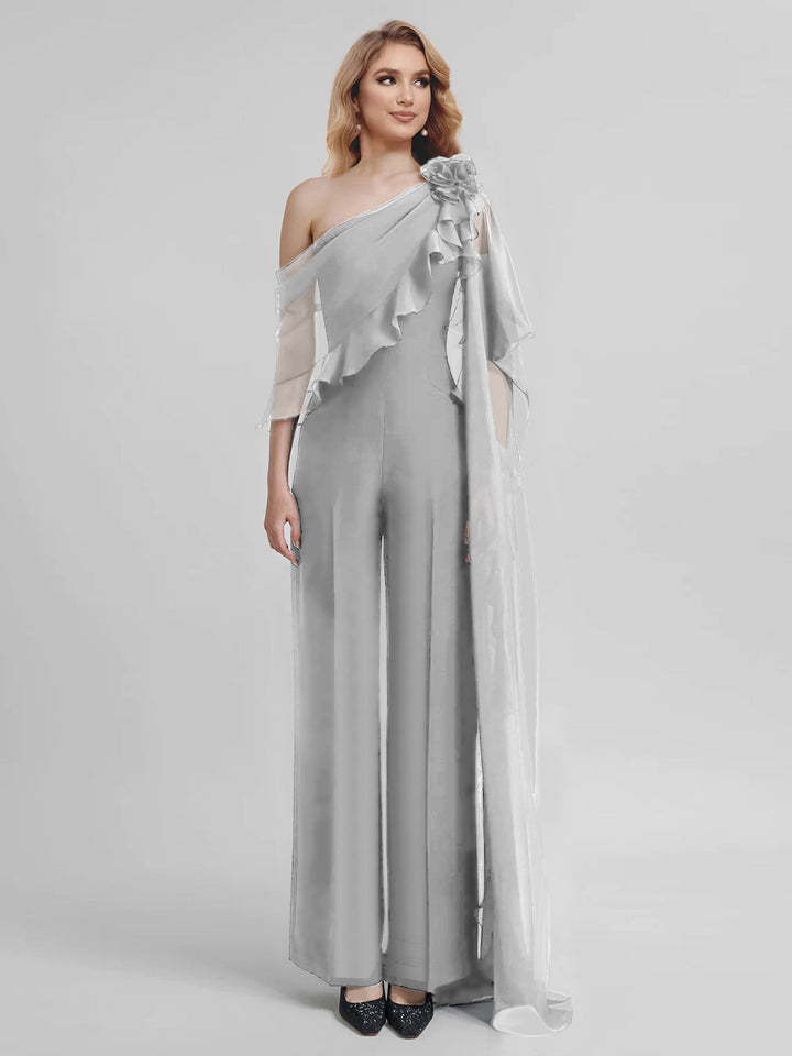 Combinaisons Une Épaule Demi-Manches Mousseline Mère de la Mariée Pantalons