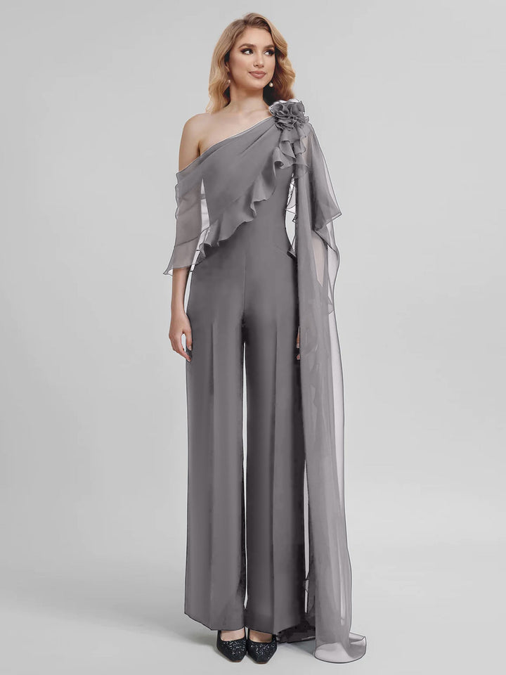 Combinaisons Une Épaule Demi-Manches Mousseline Mère de la Mariée Pantalons