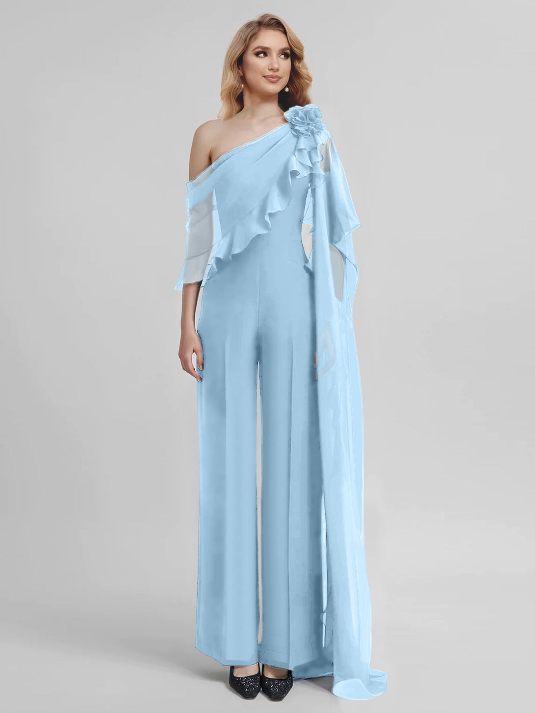 Combinaisons Une Épaule Demi-Manches Mousseline Mère de la Mariée Pantalons