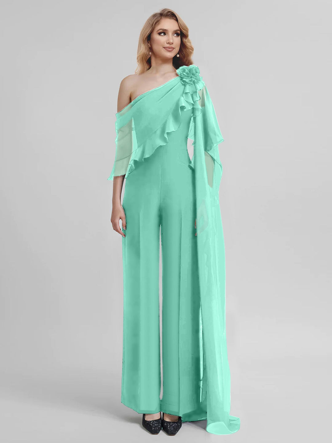 Combinaisons Une Épaule Demi-Manches Mousseline Mère de la Mariée Pantalons