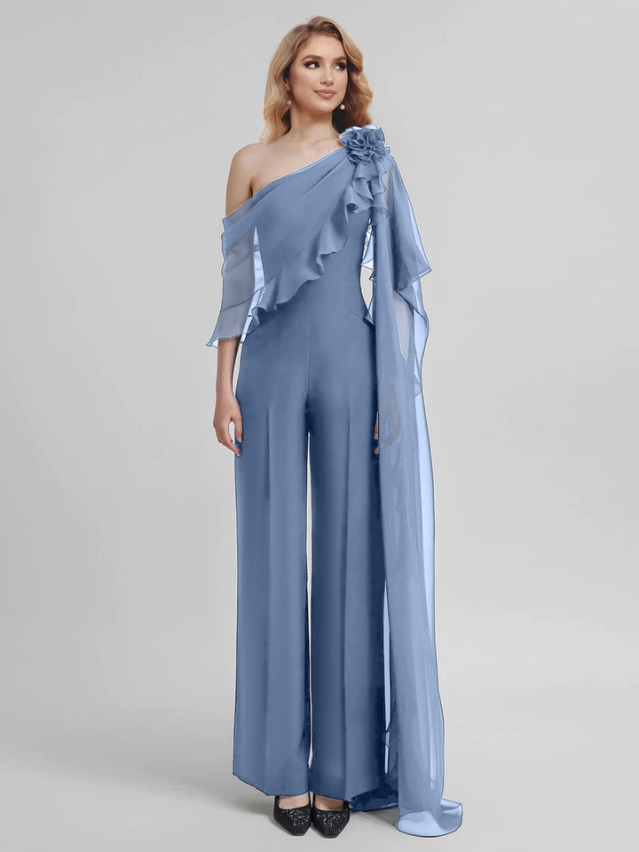 Combinaisons Une Épaule Demi-Manches Mousseline Mère de la Mariée Pantalons