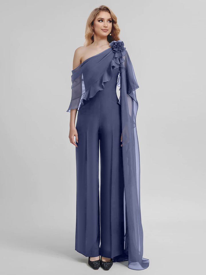 Combinaisons Une Épaule Demi-Manches Mousseline Mère de la Mariée Pantalons