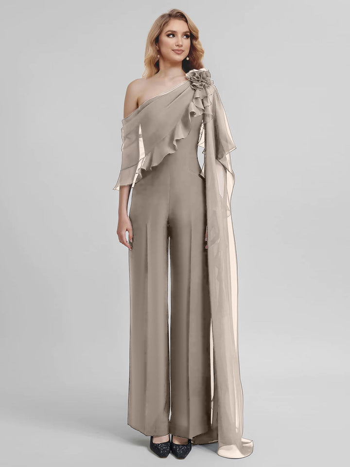 Combinaisons Une Épaule Demi-Manches Mousseline Mère de la Mariée Pantalons