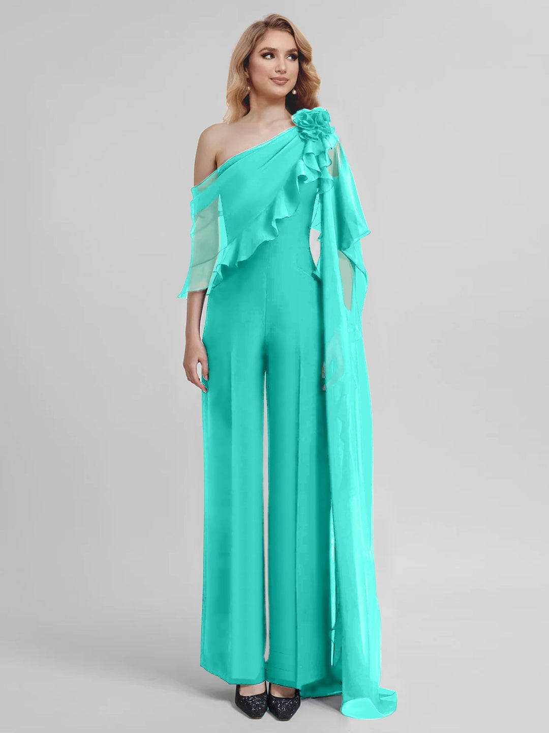 Combinaisons Une Épaule Demi-Manches Mousseline Mère de la Mariée Pantalons