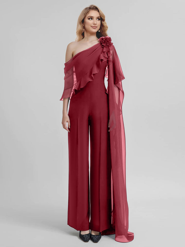 Combinaisons Une Épaule Demi-Manches Mousseline Mère de la Mariée Pantalons