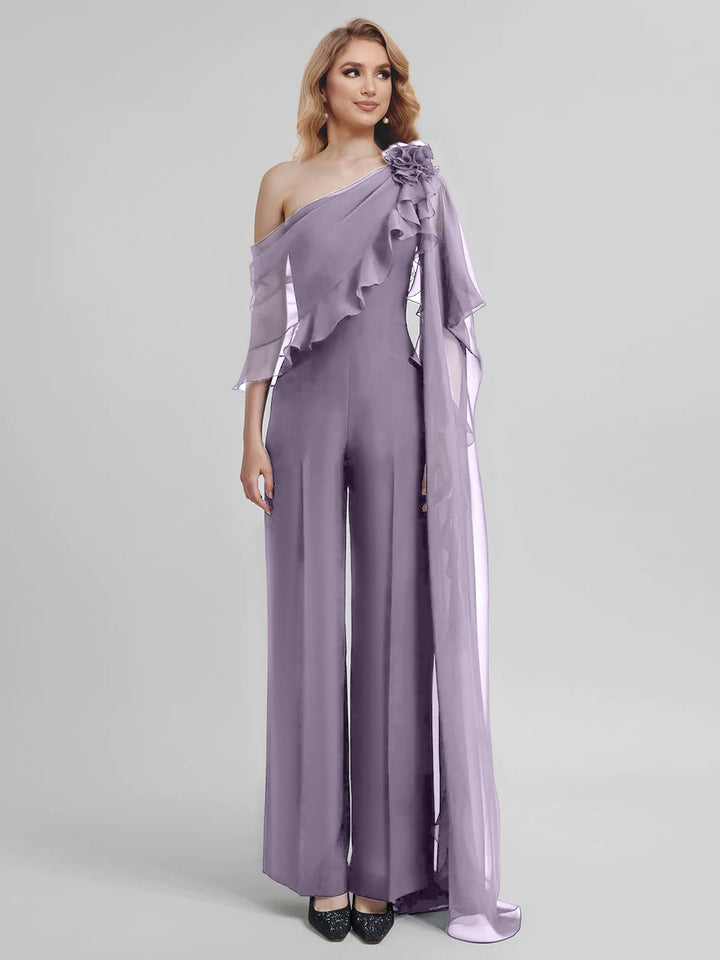 Combinaisons Une Épaule Demi-Manches Mousseline Mère de la Mariée Pantalons