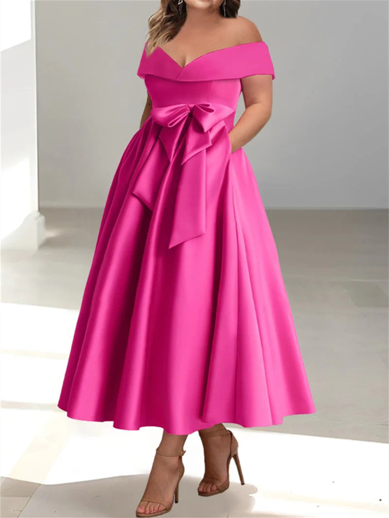 Robe de Mère de la Mariée Grande Taille, Coupe A-Line/Princess, Épaules Dénudées, Sans Manches, Longueur Cheville, avec Poches