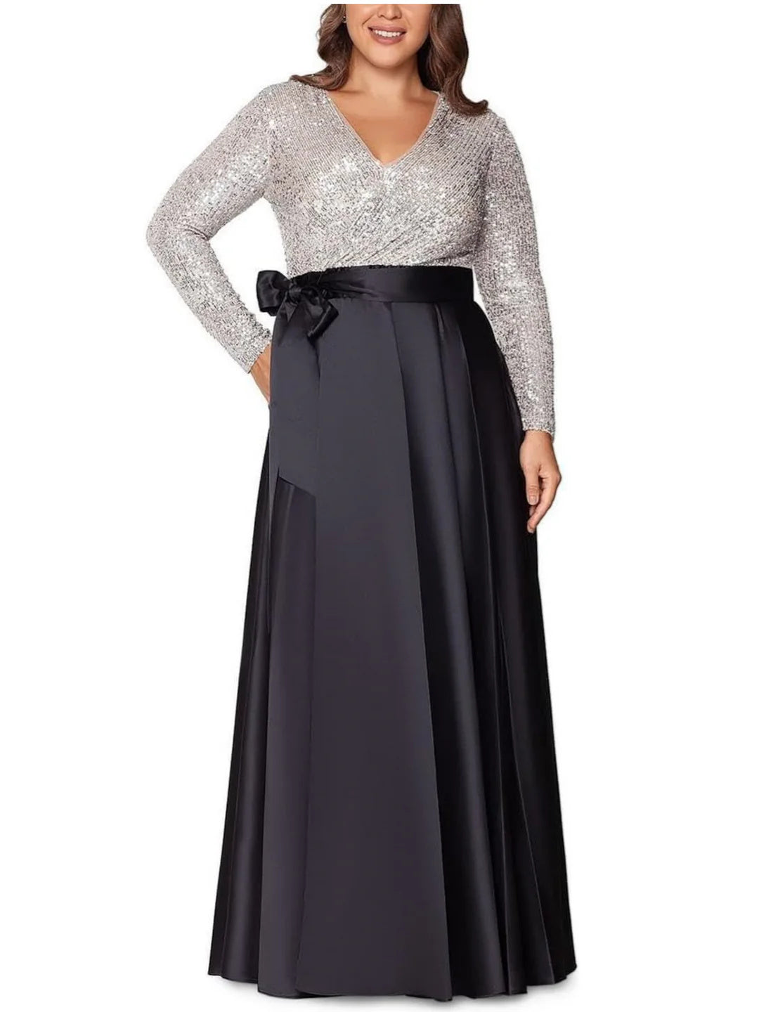 Robe de Mère de la Mariée Grande Taille, Coupe A-Line/Princess, Col en V, Manches Longues, Longueur Au Sol, avec Poches et Paillettes