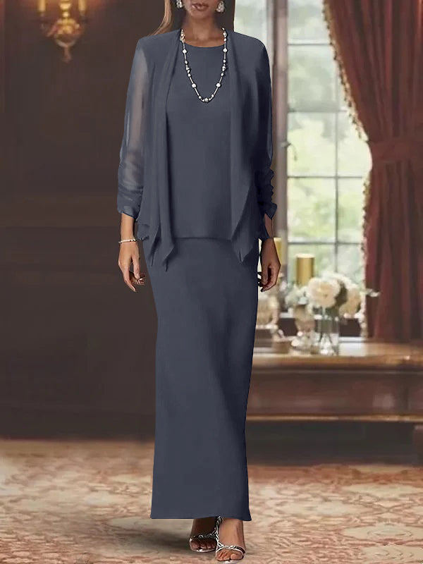 Robe de Mère de la Mariée Fourreau/Colonne à Col Rond et Manches Longues, Longueur Au Sol, avec Veste
