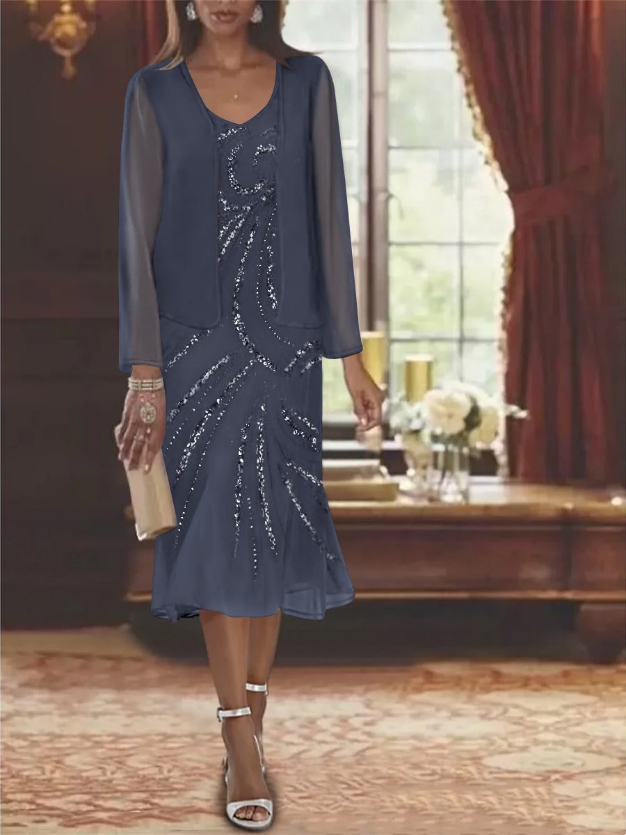 Robe de Mère de la Mariée en Mousseline 2 Pièces à Col en V et Longueur Genou avec Veste et Paillettes