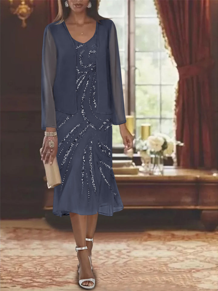Robe de Mère de la Mariée en Mousseline 2 Pièces à Col en V et Longueur Genou avec Veste et Paillettes