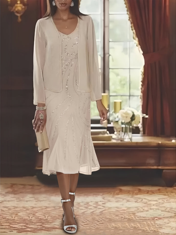 Robe de Mère de la Mariée en Mousseline 2 Pièces à Col en V et Longueur Genou avec Veste et Paillettes