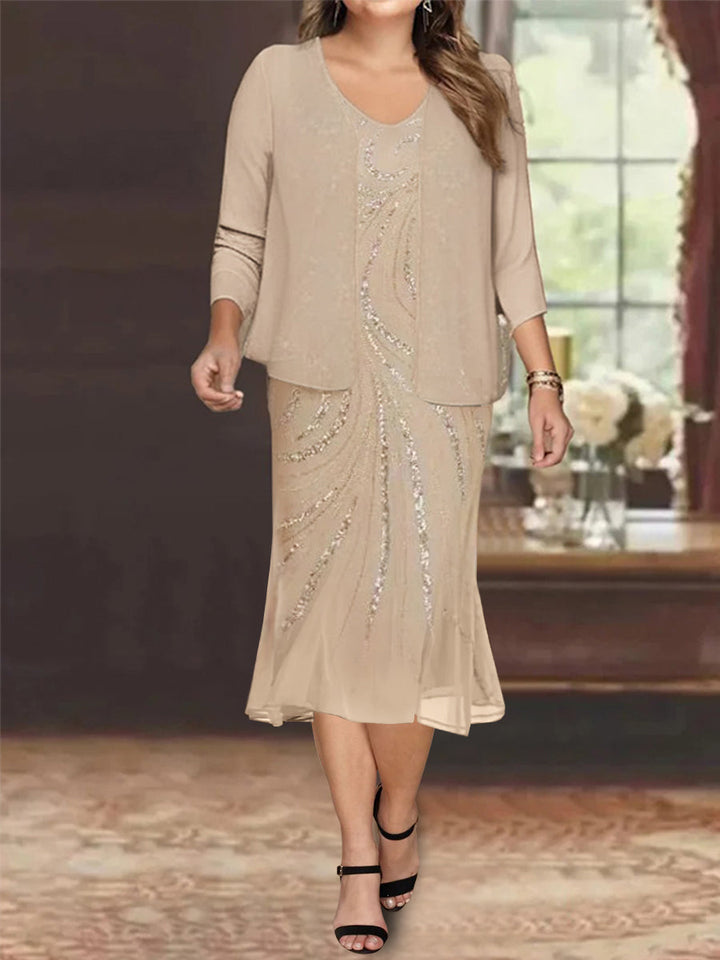 Robe de Mère de la Mariée Grande Taille en Mousseline de Soie 2 Pièces à Col en V Longueur Genou avec Veste et Paillettes