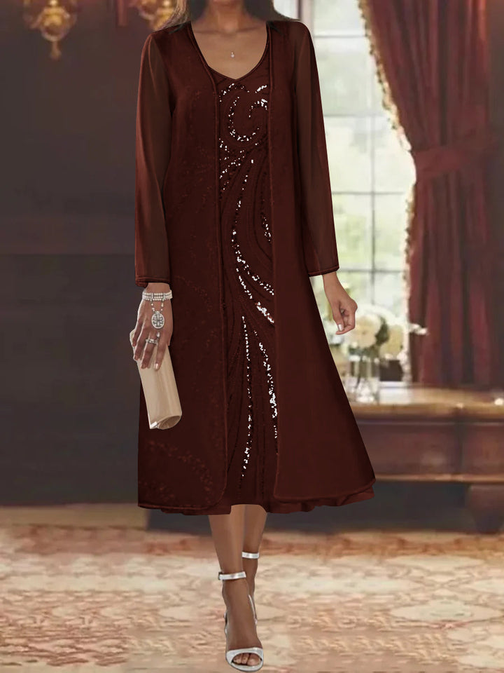 Robe de Mère de la Mariée Fourreau/Colonne à Col en V et Manches Longues, Longueur Thé, avec Veste et Paillettes