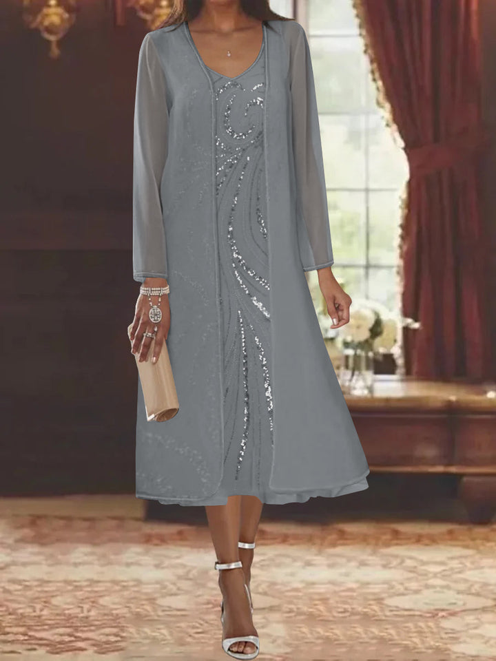 Robe de Mère de la Mariée Fourreau/Colonne à Col en V et Manches Longues, Longueur Thé, avec Veste et Paillettes