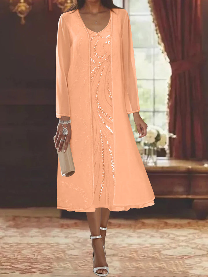 Robe de Mère de la Mariée Fourreau/Colonne à Col en V et Manches Longues, Longueur Thé, avec Veste et Paillettes