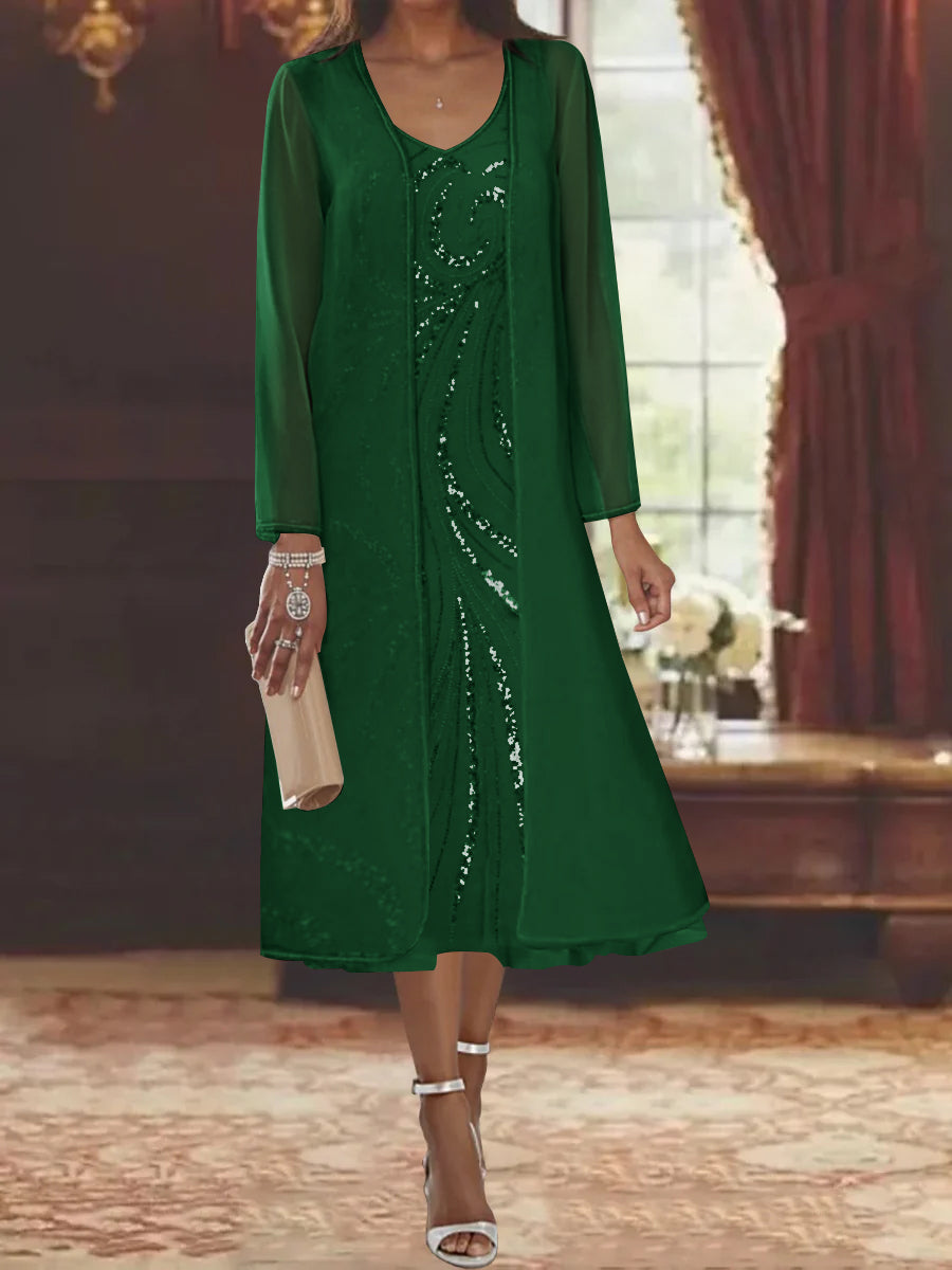 Robe de Mère de la Mariée Fourreau/Colonne à Col en V et Manches Longues, Longueur Thé, avec Veste et Paillettes