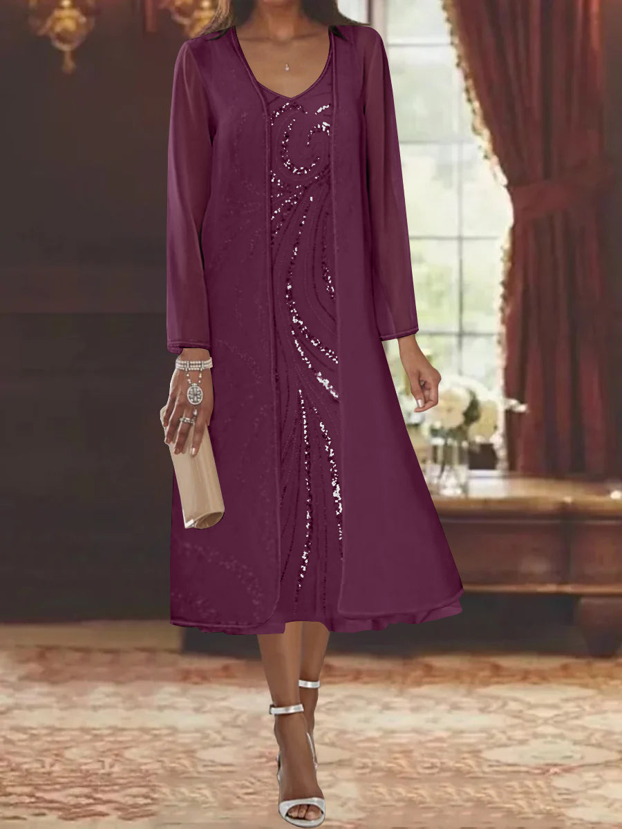 Robe de Mère de la Mariée Fourreau/Colonne à Col en V et Manches Longues, Longueur Thé, avec Veste et Paillettes