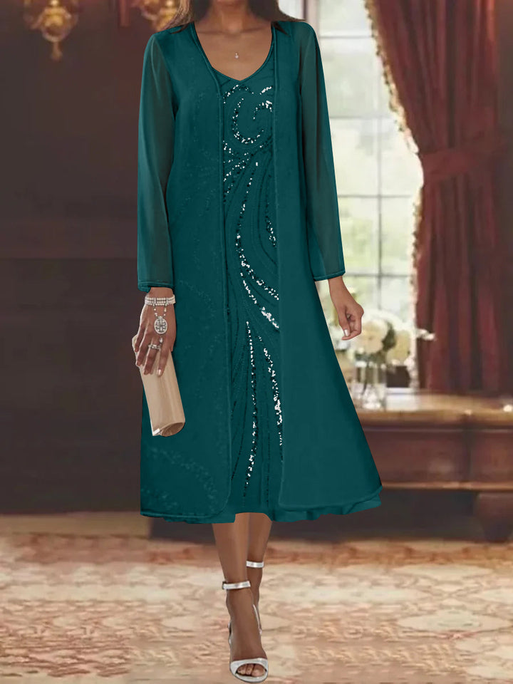Robe de Mère de la Mariée Fourreau/Colonne à Col en V et Manches Longues, Longueur Thé, avec Veste et Paillettes