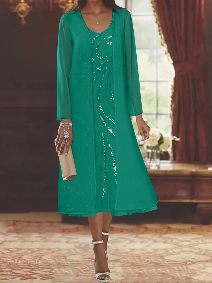 Robe de Mère de la Mariée Fourreau/Colonne à Col en V et Manches Longues, Longueur Thé, avec Veste et Paillettes