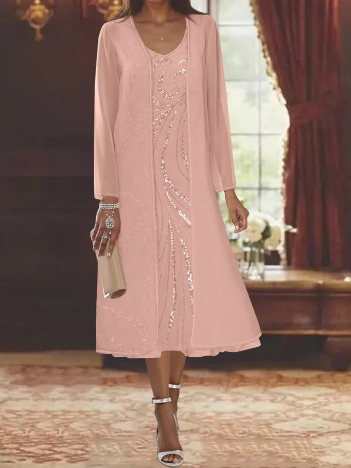 Robe de Mère de la Mariée Fourreau/Colonne à Col en V et Manches Longues, Longueur Thé, avec Veste et Paillettes