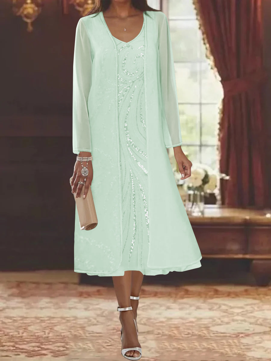 Robe de Mère de la Mariée Fourreau/Colonne à Col en V et Manches Longues, Longueur Thé, avec Veste et Paillettes
