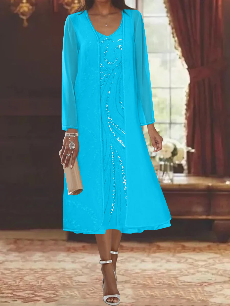 Robe de Mère de la Mariée Fourreau/Colonne à Col en V et Manches Longues, Longueur Thé, avec Veste et Paillettes